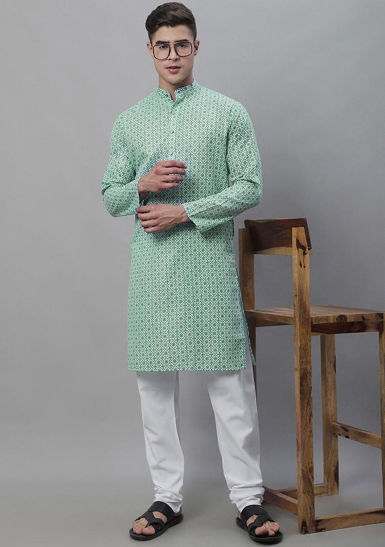 Sea Green Ethnic Motifs Cotton Kurta Set For Men