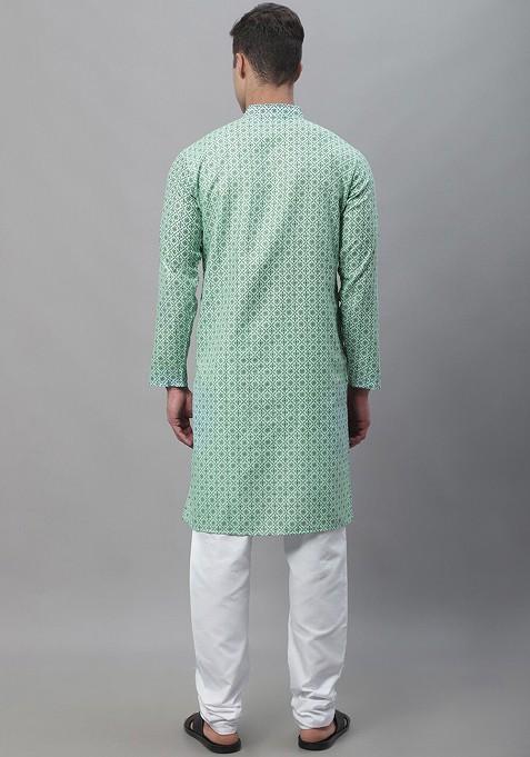 Sea Green Ethnic Motifs Cotton Kurta Set For Men