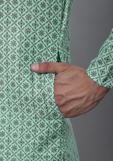 Sea Green Ethnic Motifs Cotton Kurta Set For Men