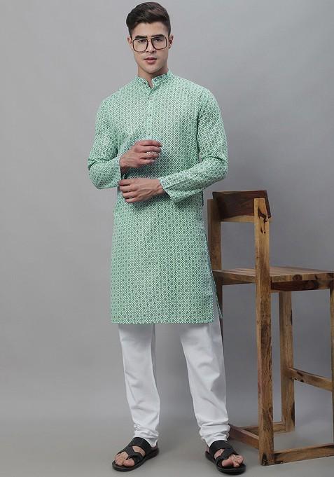 Sea Green Ethnic Motifs Cotton Kurta Set For Men