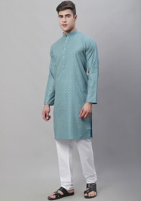 Blue Ethnic Motifs Cotton Kurta Set For Men