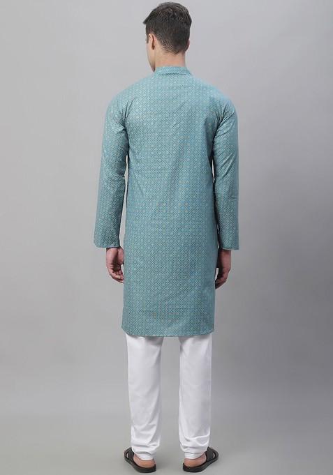 Blue Ethnic Motifs Cotton Kurta Set For Men