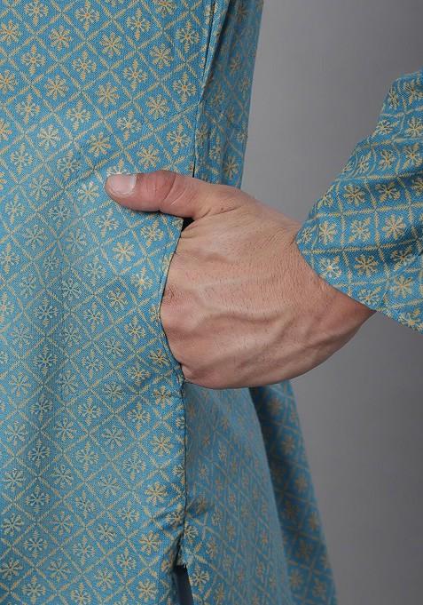 Blue Ethnic Motifs Cotton Kurta Set For Men