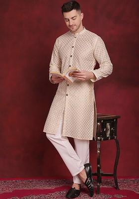 Gold Embroidered Poly Blend Kurta Set For Men