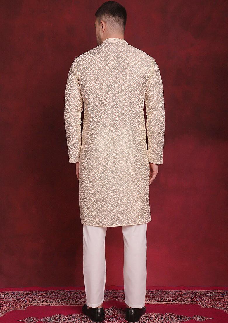 Gold Embroidered Poly Blend Kurta Set For Men