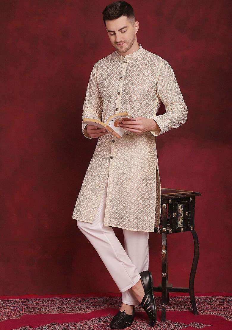 Gold Embroidered Poly Blend Kurta Set For Men - Indya