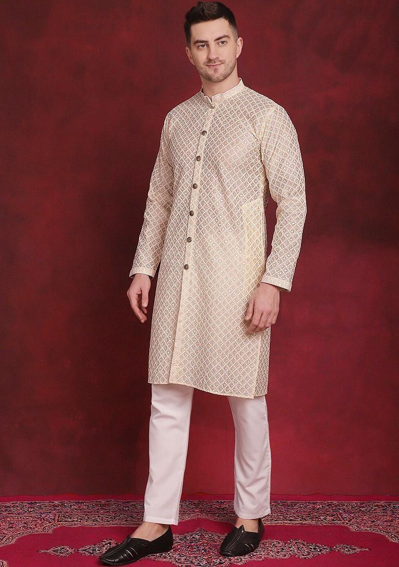 Gold Embroidered Poly Blend Kurta Set For Men