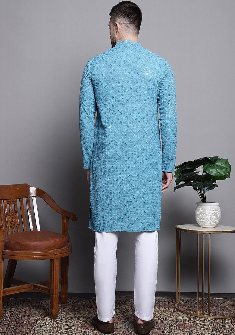 Blue Embroidered Poly Blend Kurta Set For Men
