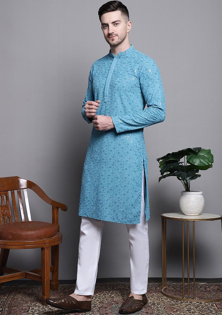 Blue Embroidered Poly Blend Kurta Set For Men