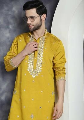 Mustard Yellow Embroidered Poly Blend Kurta Set For Men