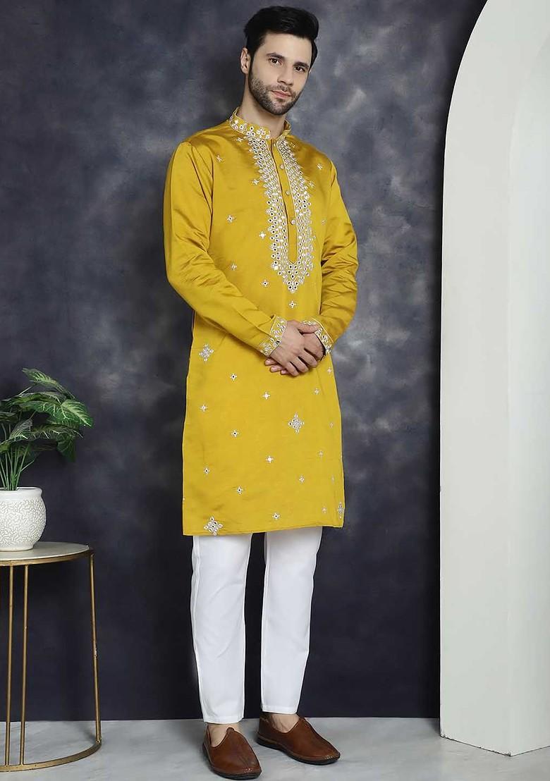 Mustard Yellow Embroidered Poly Blend Kurta Set For Men