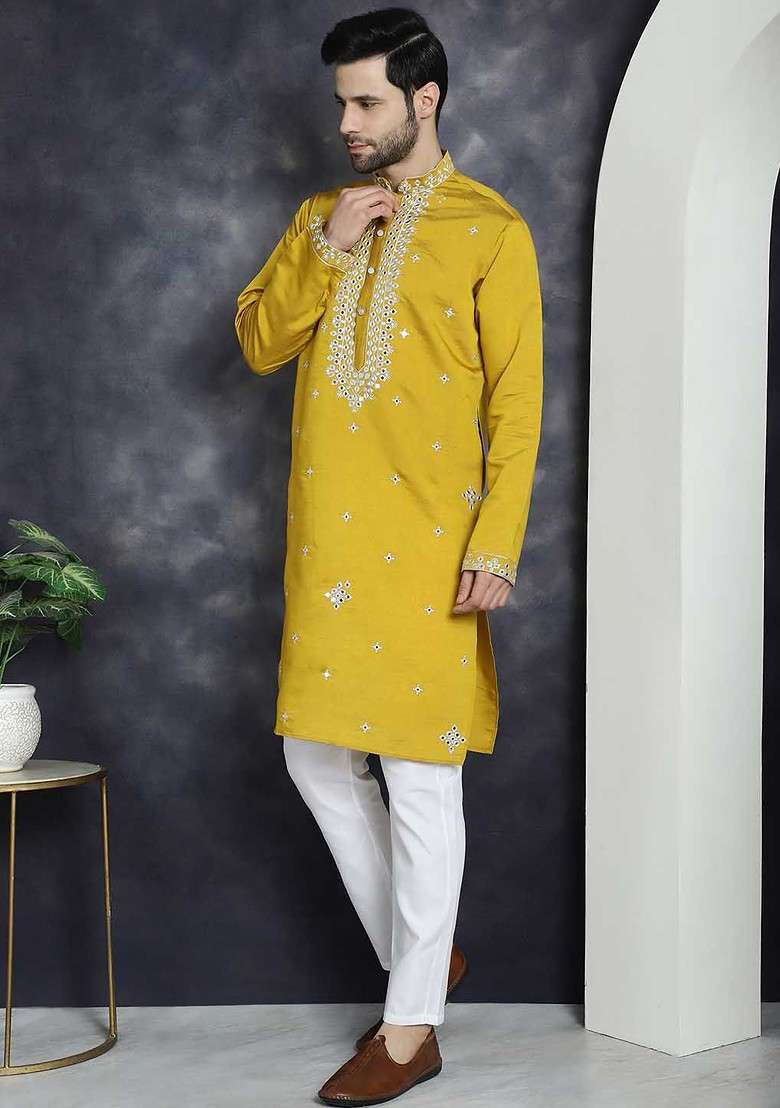 Mustard Yellow Embroidered Poly Blend Kurta Set For Men - Indya