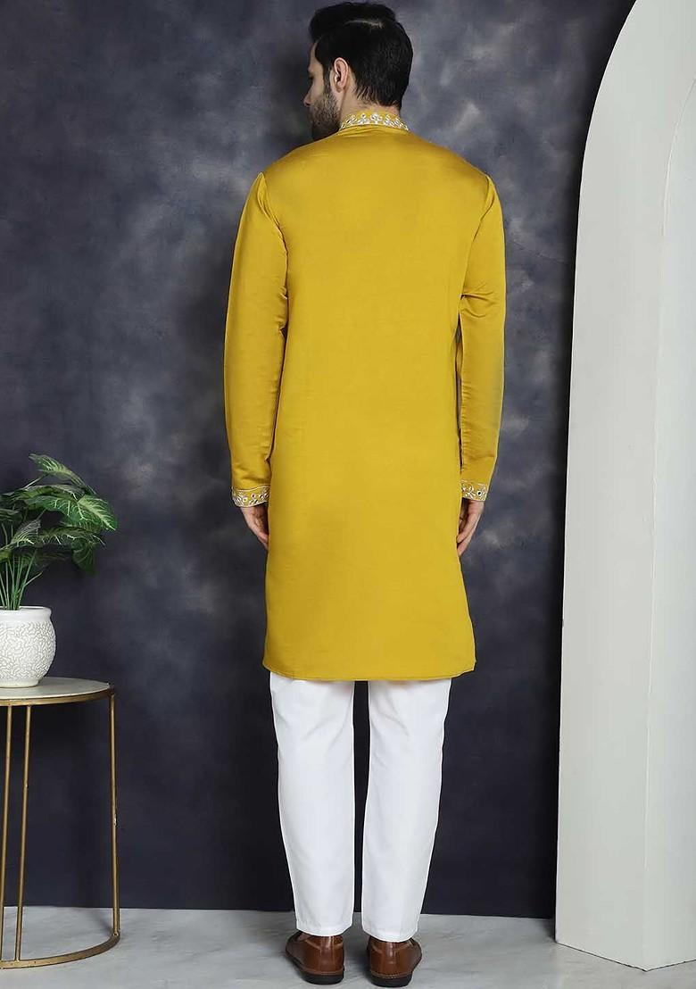 Mustard Yellow Embroidered Poly Blend Kurta Set For Men