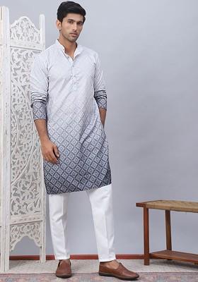 Grey Printed Poly Blend Kurta Set For Men