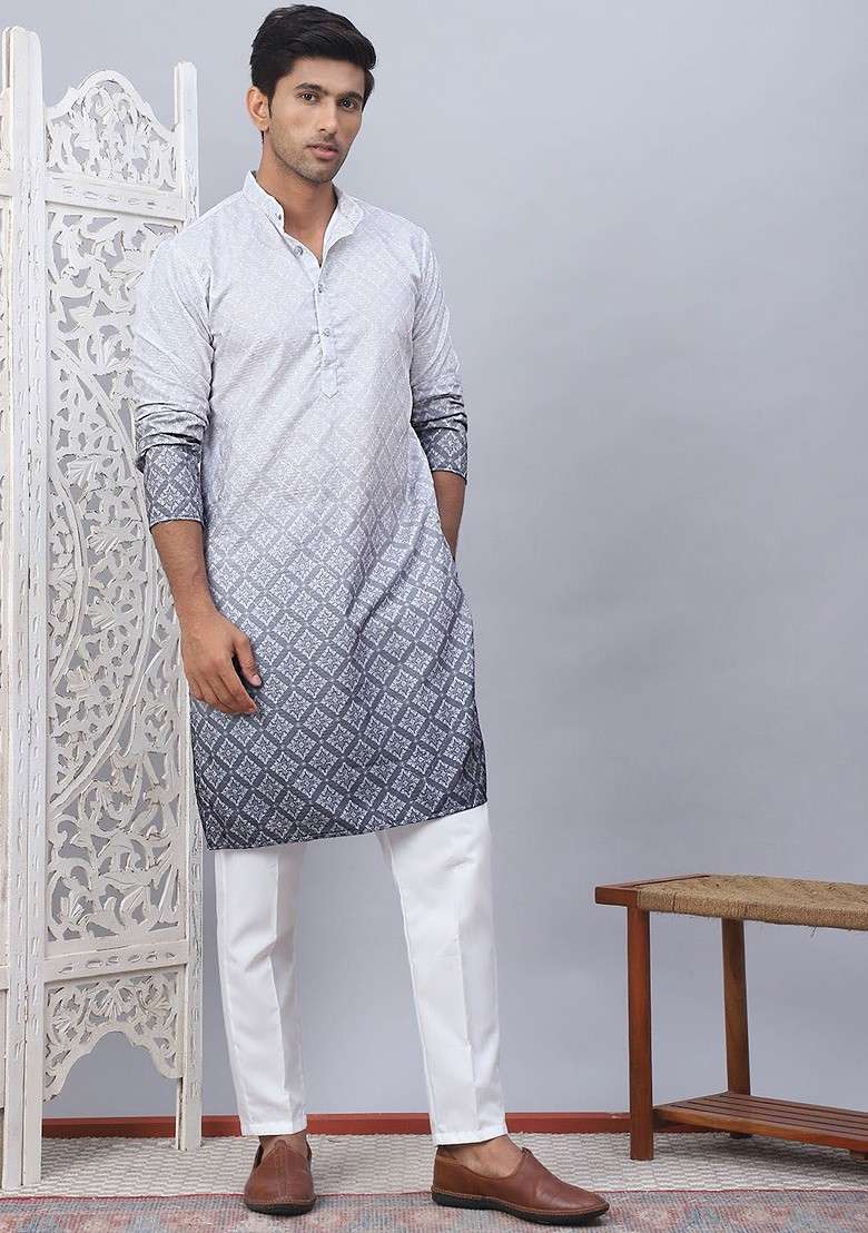 Grey Printed Poly Blend Kurta Set For Men - Indya