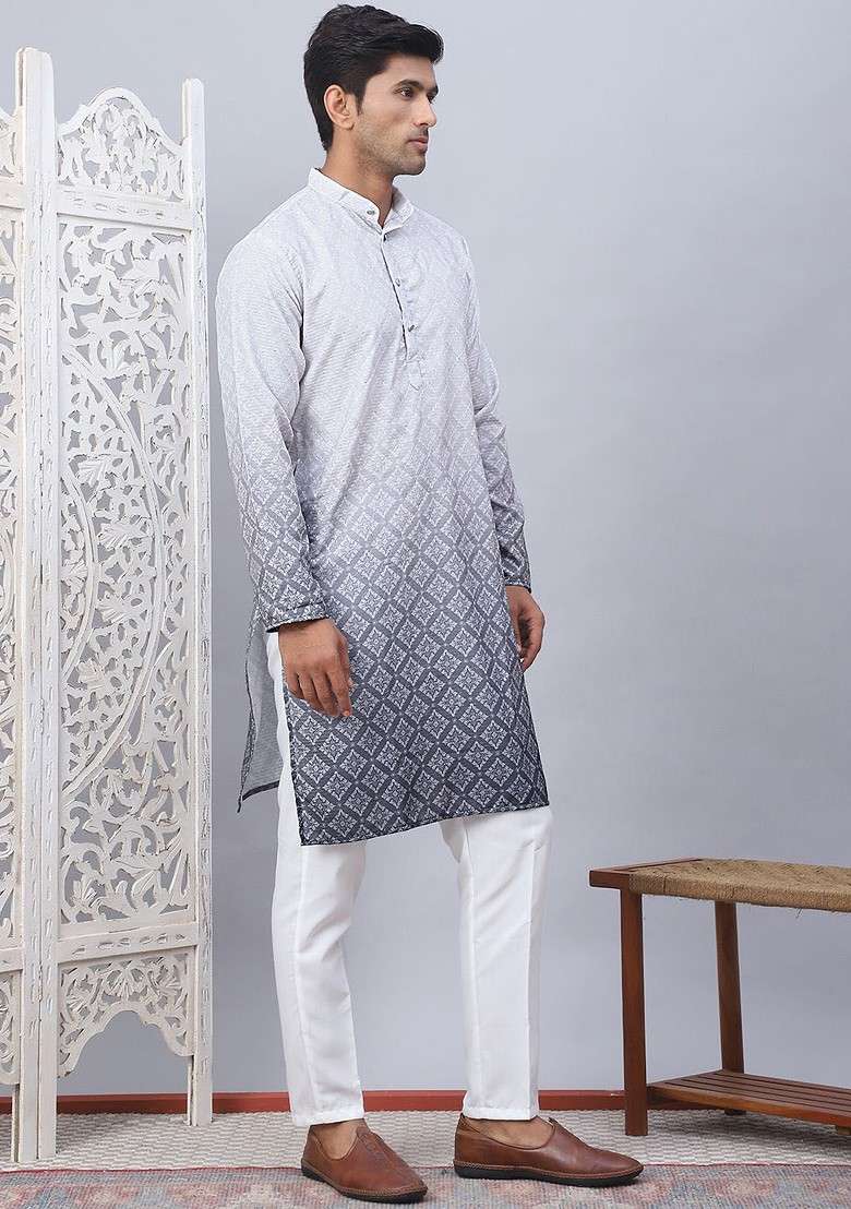 Grey Printed Poly Blend Kurta Set For Men - Indya