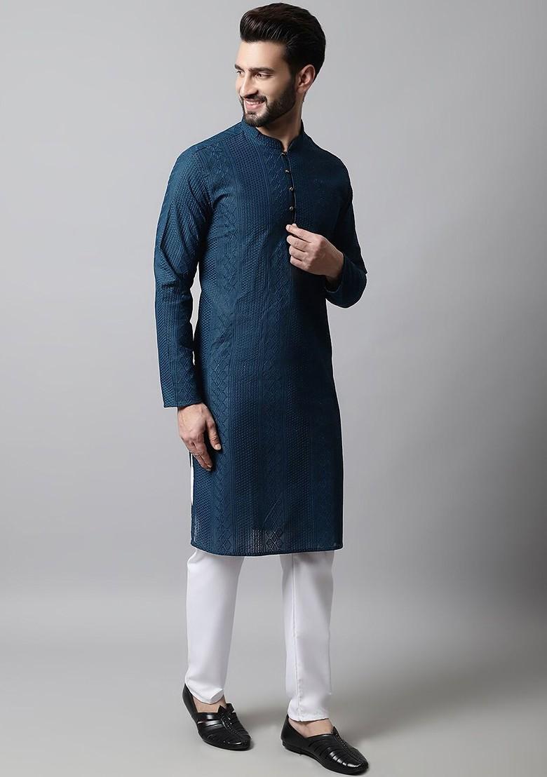 Teal Blue Embroidered Poly Blend Kurta Set For Men