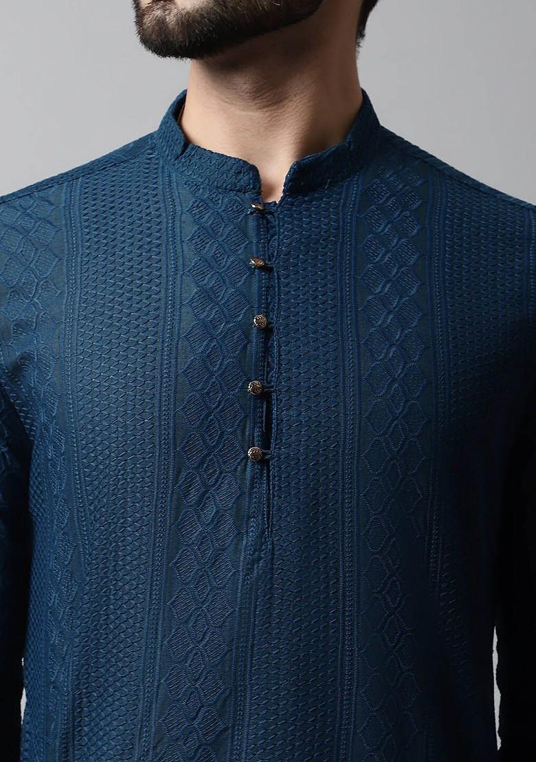 Teal Blue Embroidered Poly Blend Kurta Set For Men