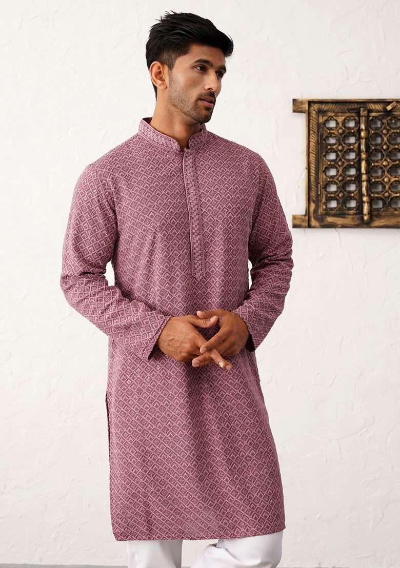 Purple Embroidered Poly Blend Kurta Set For Men - Indya