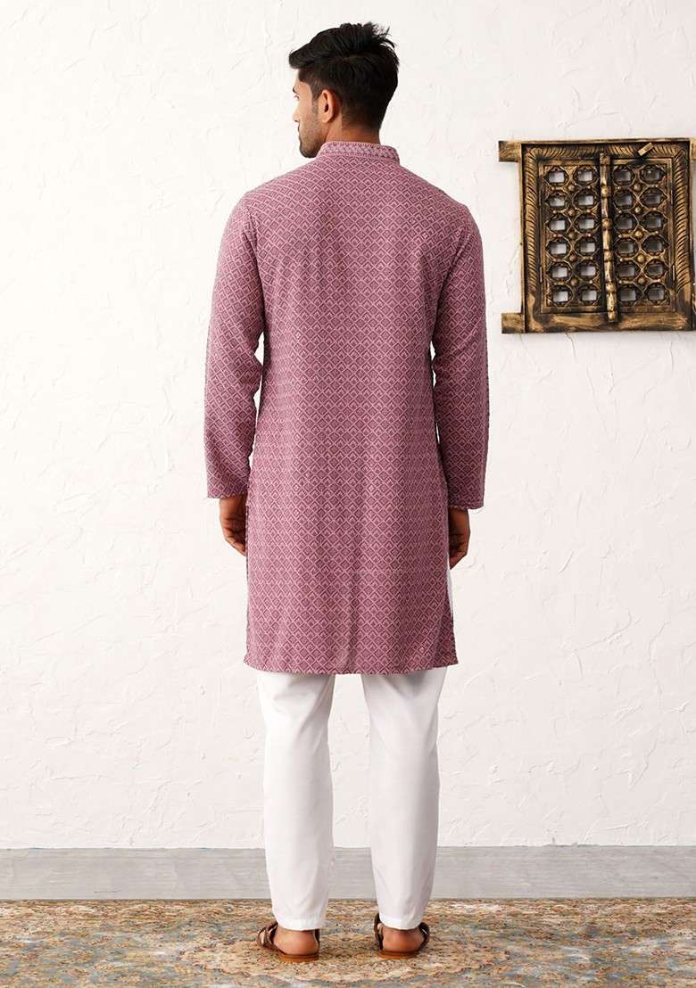 Purple Embroidered Poly Blend Kurta Set For Men - Indya