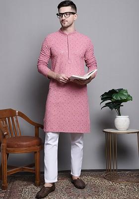 Coral Embroidered Poly Blend Kurta Set For Men
