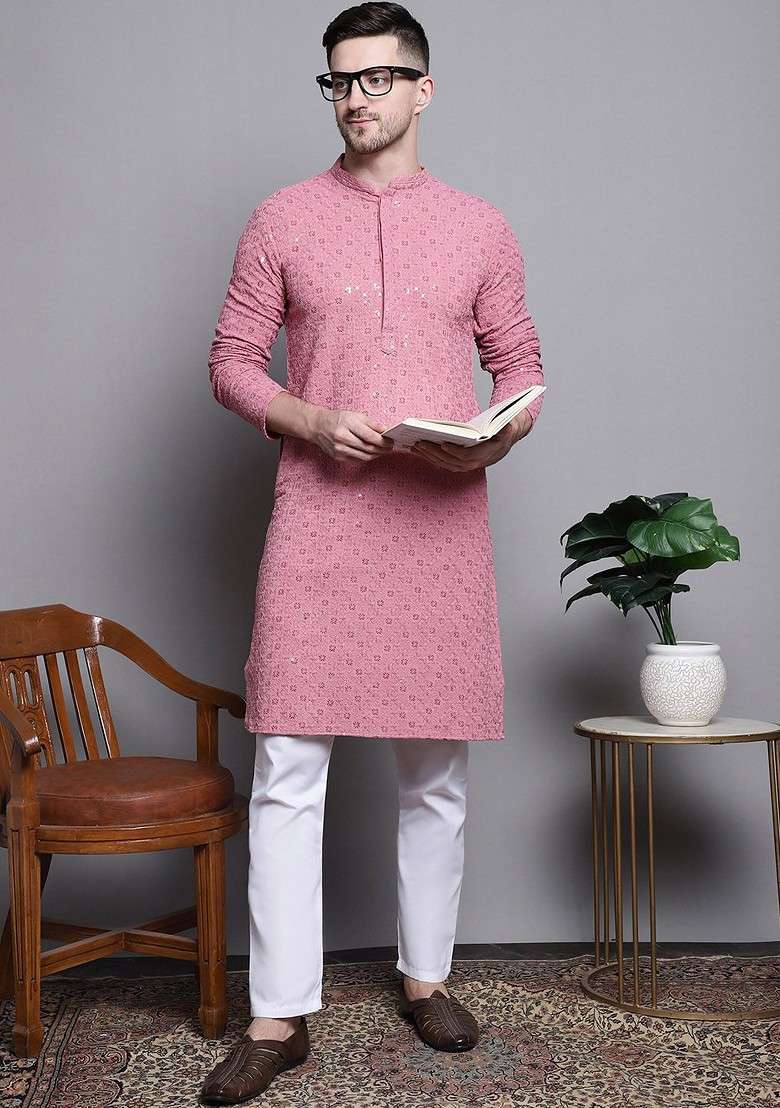 Coral Embroidered Poly Blend Kurta Set For Men - Indya