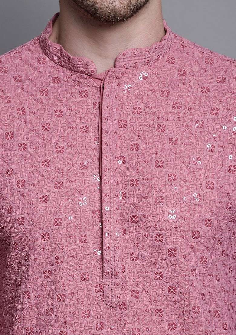Coral Embroidered Poly Blend Kurta Set For Men - Indya