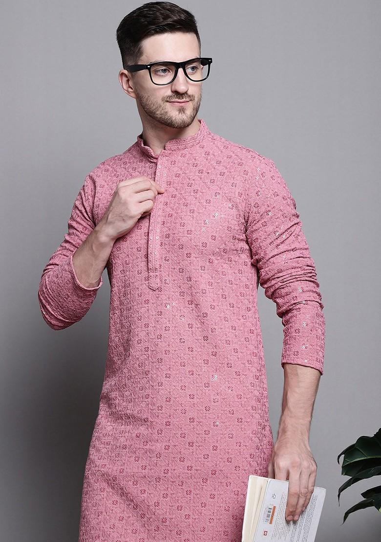 Coral Embroidered Poly Blend Kurta Set For Men