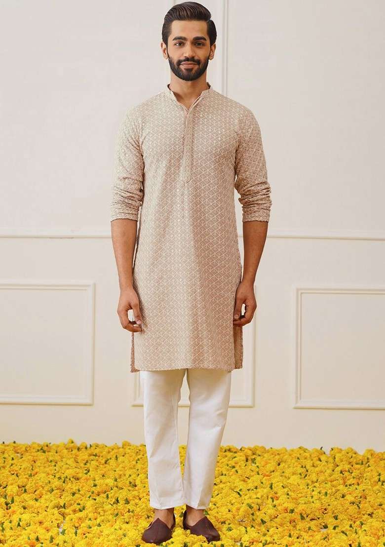 Beige Embroidered Poly Blend Kurta Set For Men - Indya