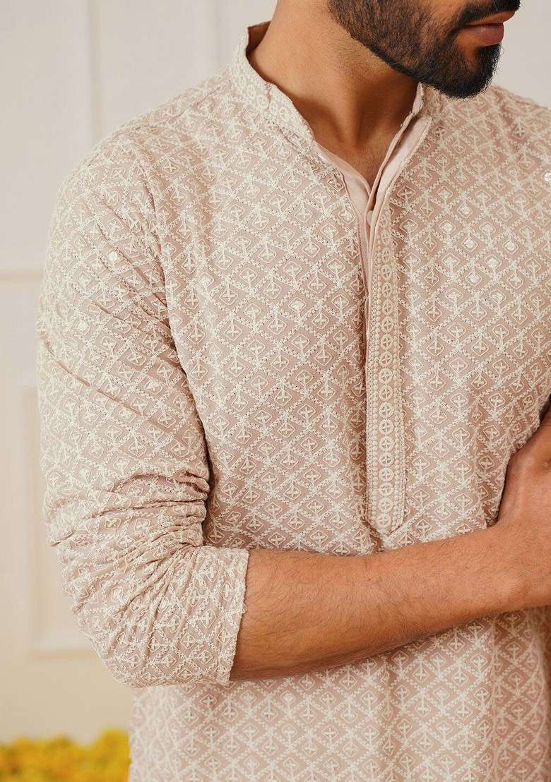 Beige Embroidered Poly Blend Kurta Set For Men - Indya