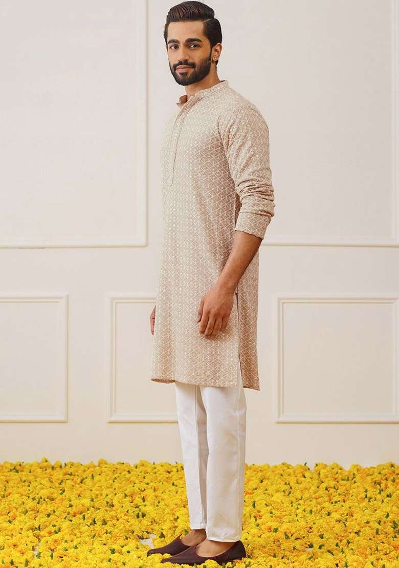 Beige Embroidered Poly Blend Kurta Set For Men - Indya