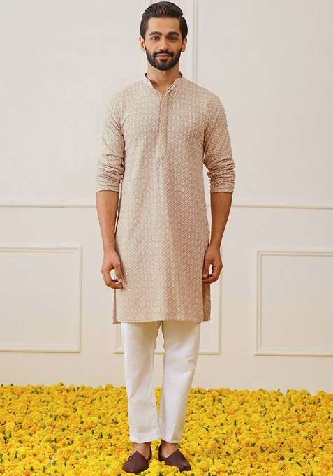 Beige Embroidered Poly Blend Kurta Set For Men