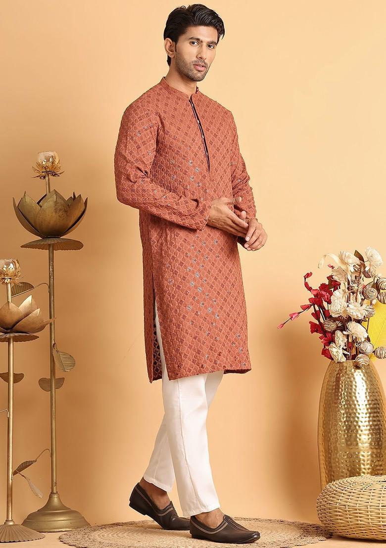 Rust Brown Embroidered Poly Blend Kurta Set For Men
