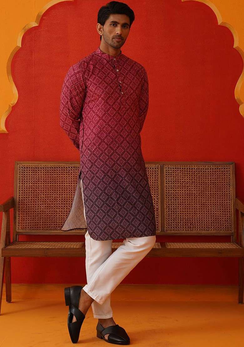 Purple Printed Poly Blend Kurta Set For Men - Indya