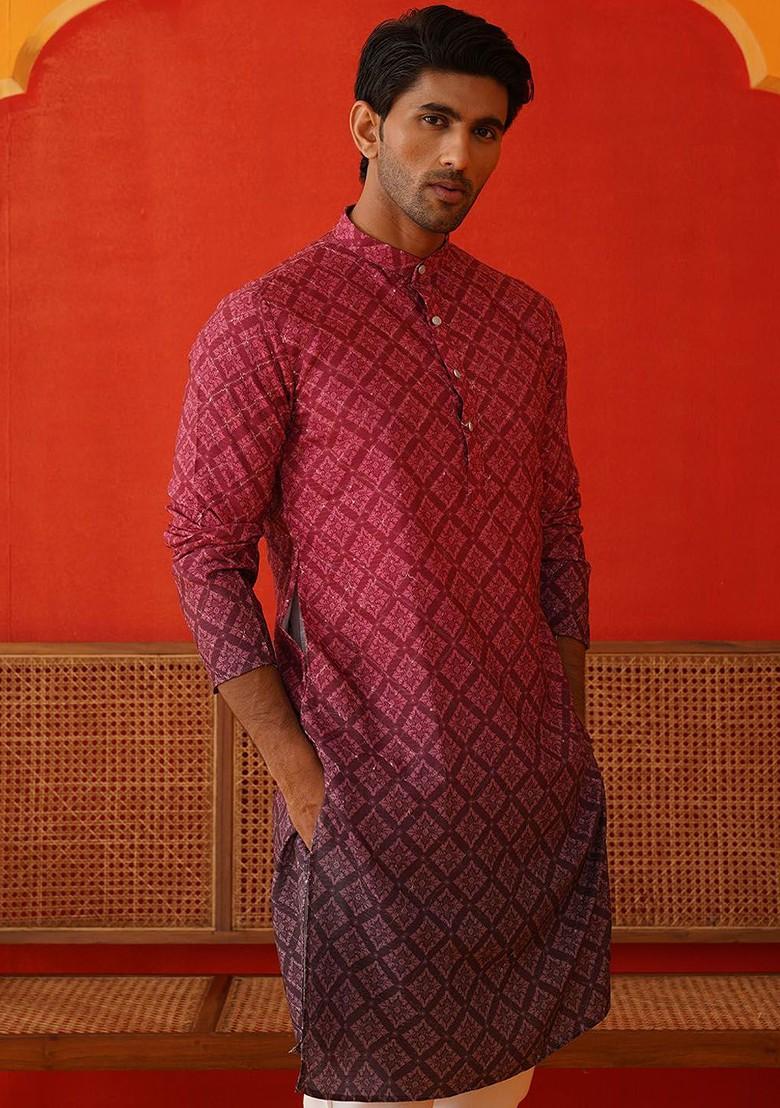 Purple Printed Poly Blend Kurta Set For Men