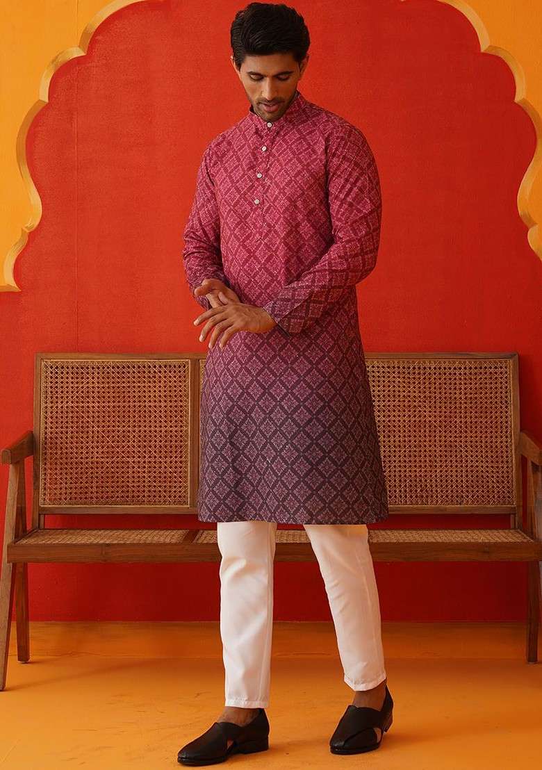 Purple Printed Poly Blend Kurta Set For Men - Indya