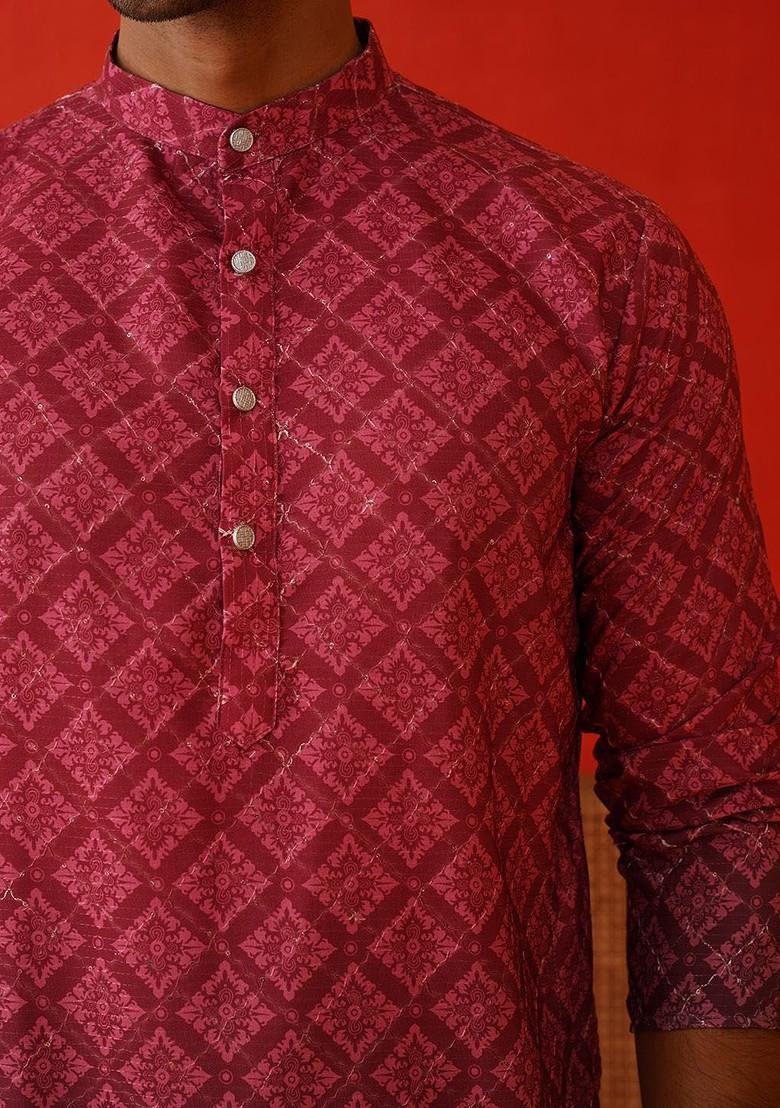 Purple Printed Poly Blend Kurta Set For Men