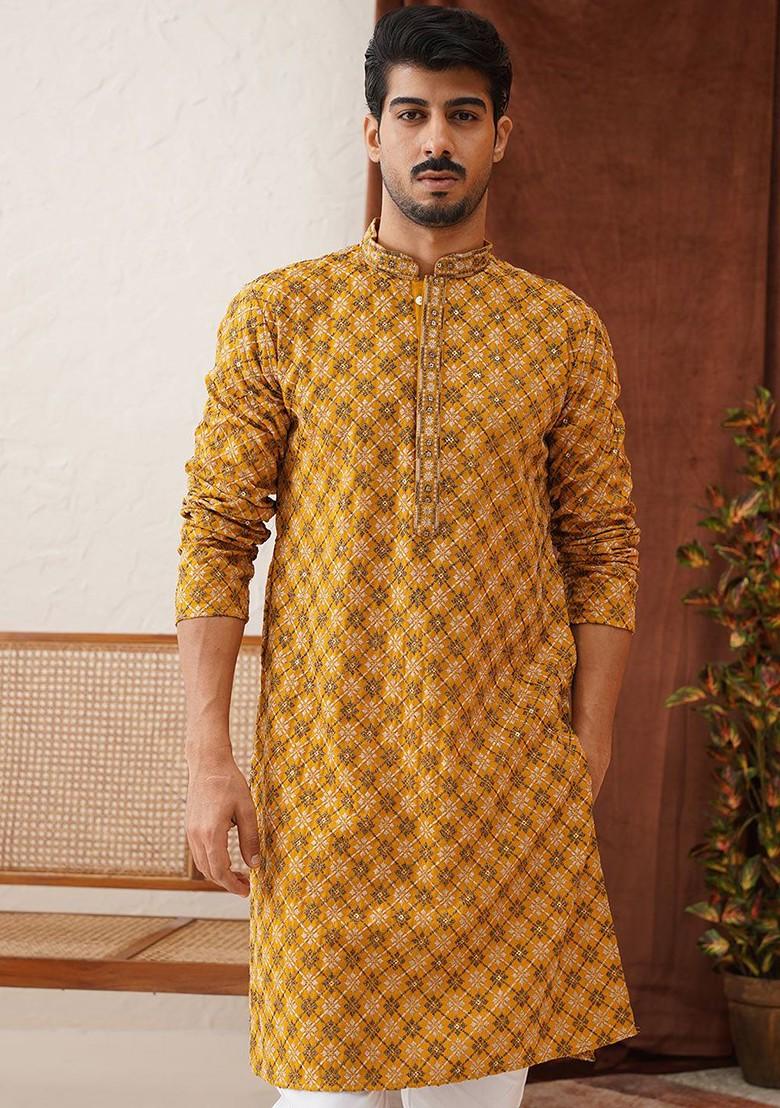 Mustard Yellow Embroidered Poly Blend Kurta Set For Men