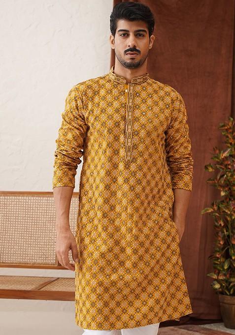 Mustard Yellow Embroidered Poly Blend Kurta Set For Men