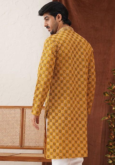 Mustard Yellow Embroidered Poly Blend Kurta Set For Men