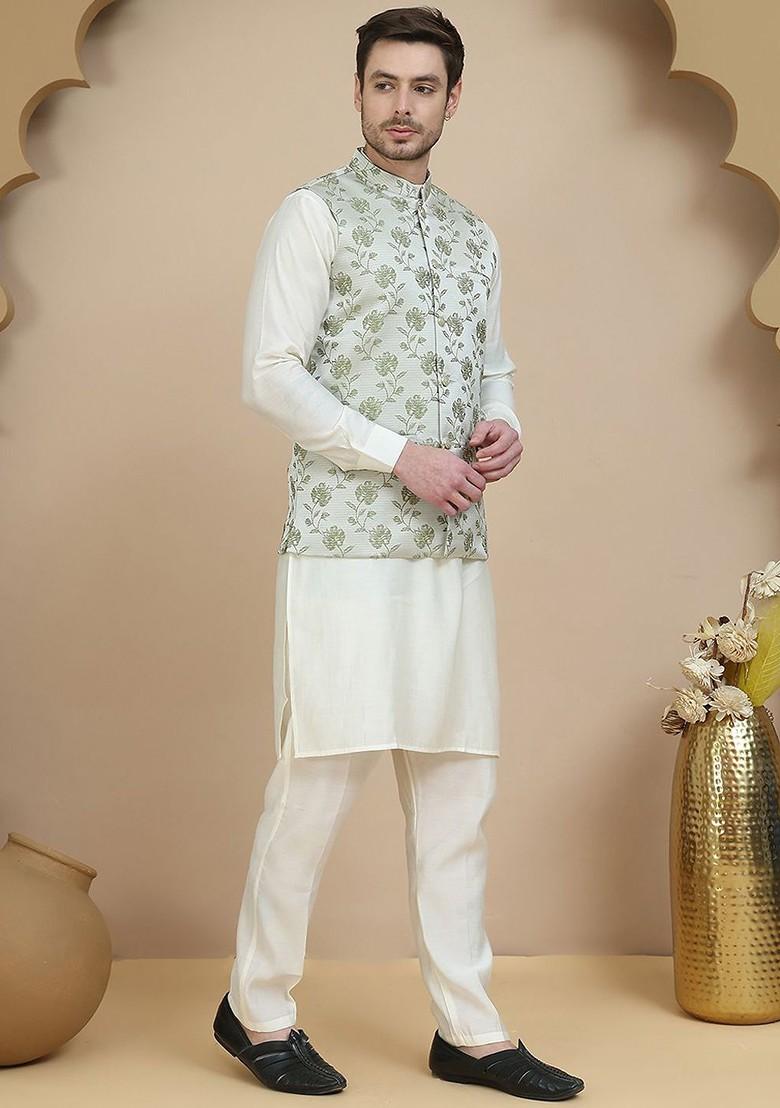 Off White Embroidered Poly Blend Kurta Set For Men