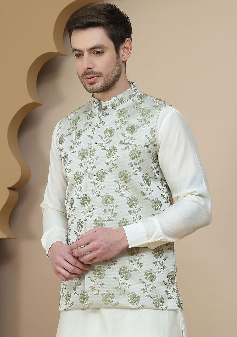 Off White Embroidered Poly Blend Kurta Set For Men
