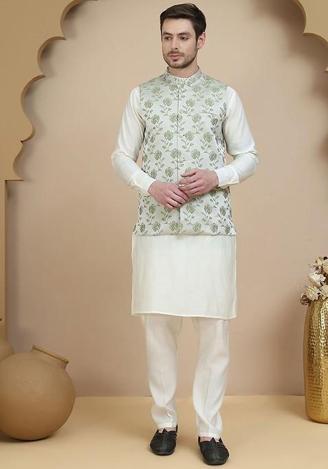 Off White Embroidered Poly Blend Kurta Set For Men