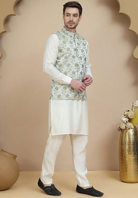 Off White Embroidered Poly Blend Kurta Set For Men