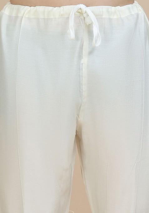 Off White Embroidered Poly Blend Kurta Set For Men