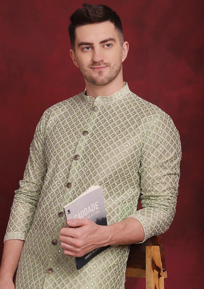Green Embroidered Poly Blend Kurta Set For Men