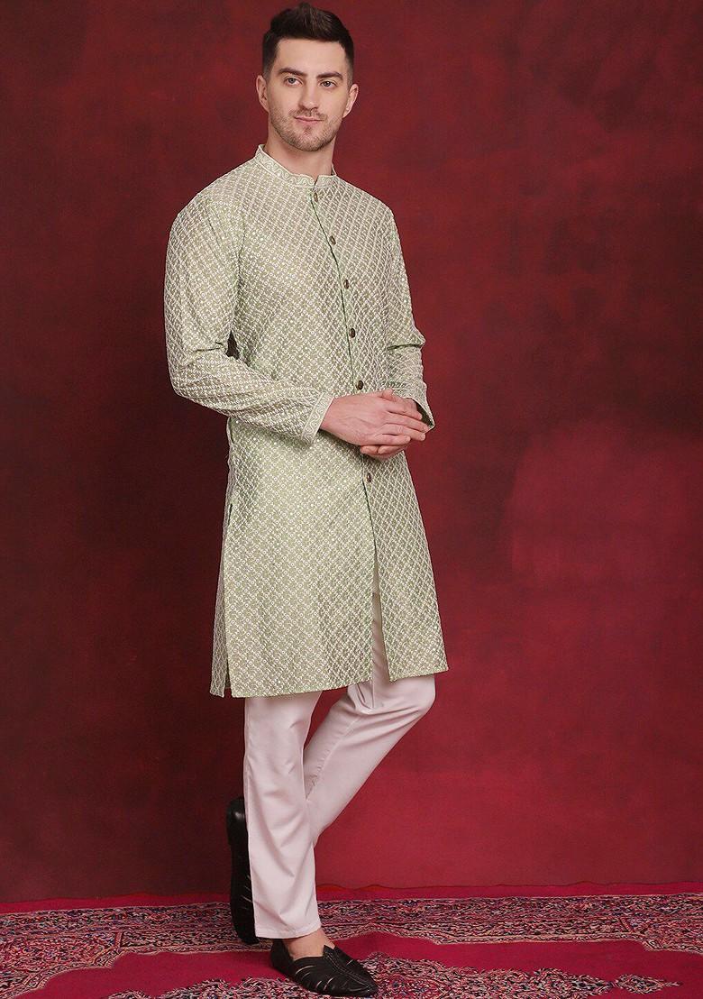 Green Embroidered Poly Blend Kurta Set For Men