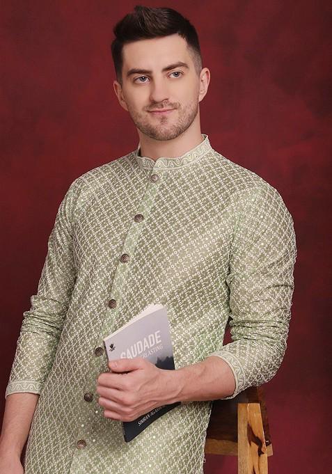 Green Embroidered Poly Blend Kurta Set For Men