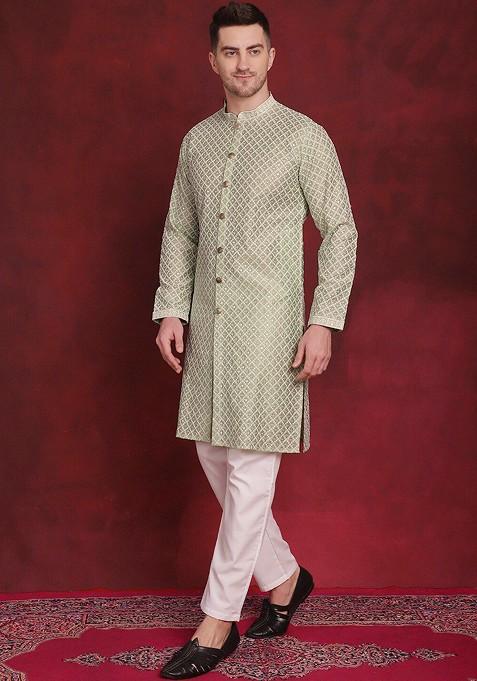 Green Embroidered Poly Blend Kurta Set For Men