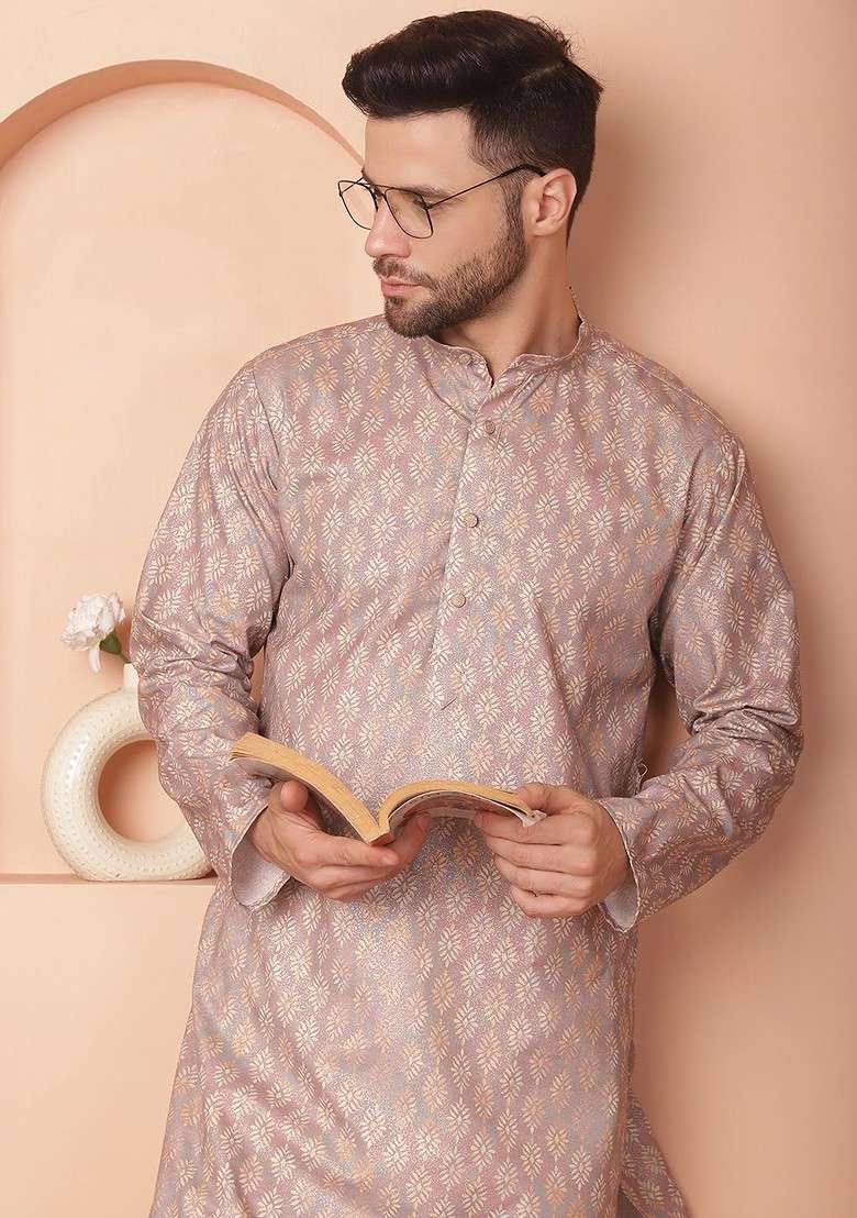 Peach Printed Poly Blend Kurta Set For Men - Indya